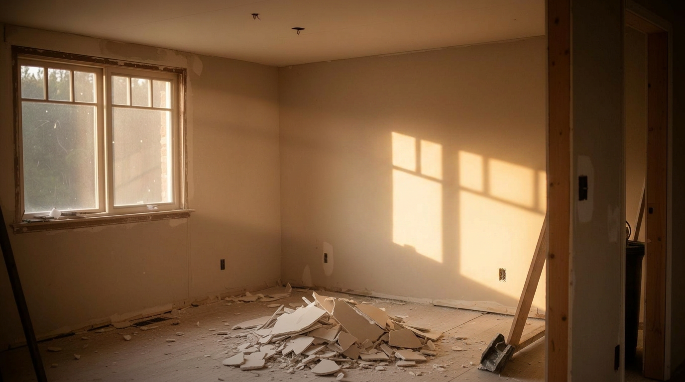 Demolition worker silhouetted in a partially demolished interior at golden hour